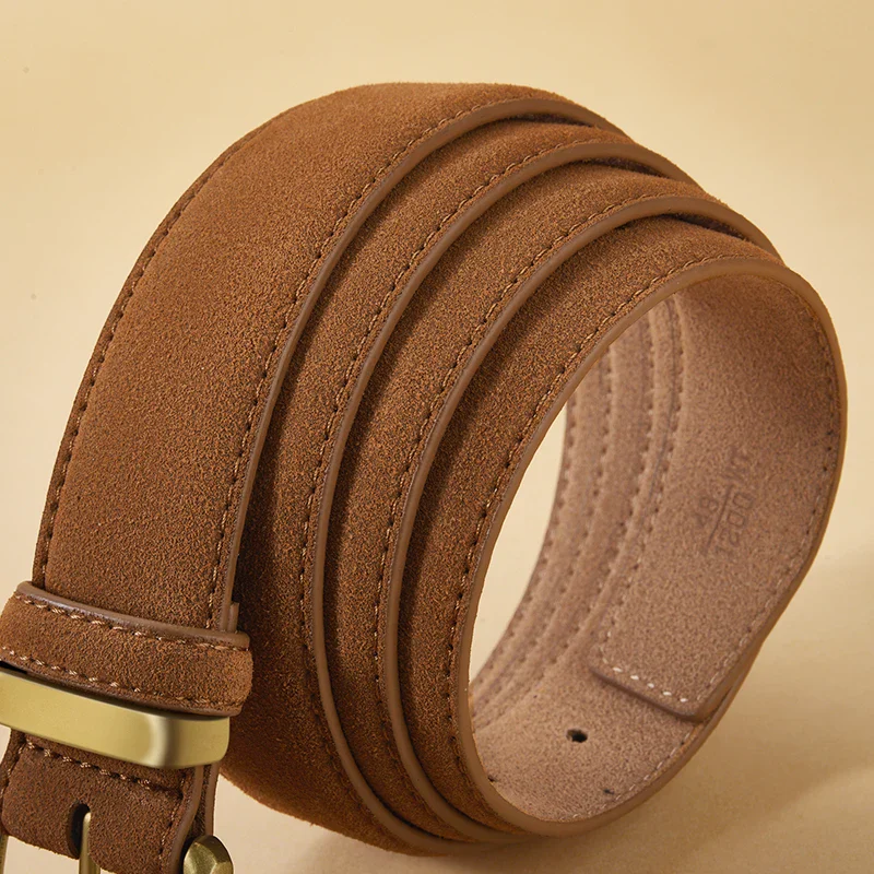 Luxury Suede Cowhide Gold Buckle Belt Elegant brown suede and cowhide belt with a gold buckle for a sophisticated look. Perfect accessory.