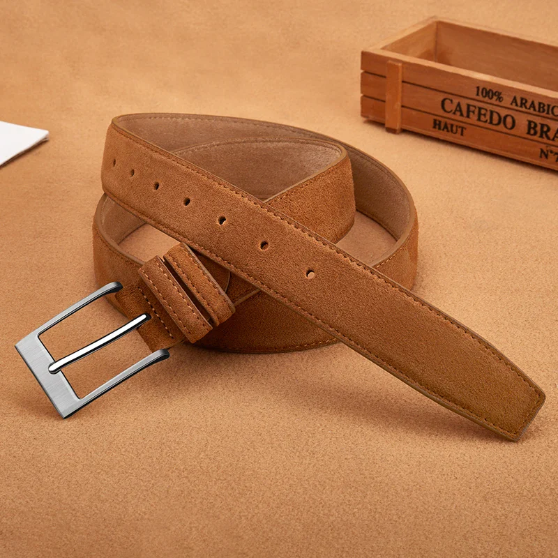 Leather Belt for Men – Plaid Suede Genuine Leather Belt Genuine suede leather belt with plaid design, perfect for casual and formal wear.