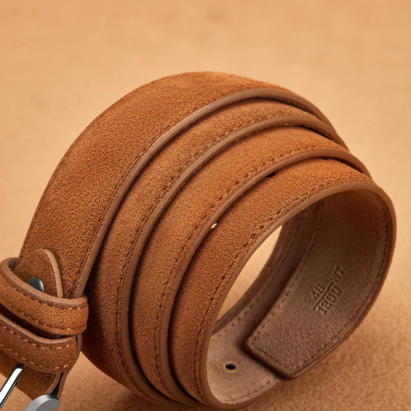 Soft Brown Suede Leather Belt for Men and Women Elegant plaid suede genuine leather belt with a classic design.