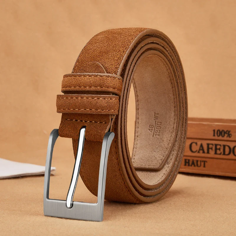 Leather Belt with Suede Finish for Men Genuine leather plaid suede belt with silver buckle, stylish accessory for casual or formal wear.