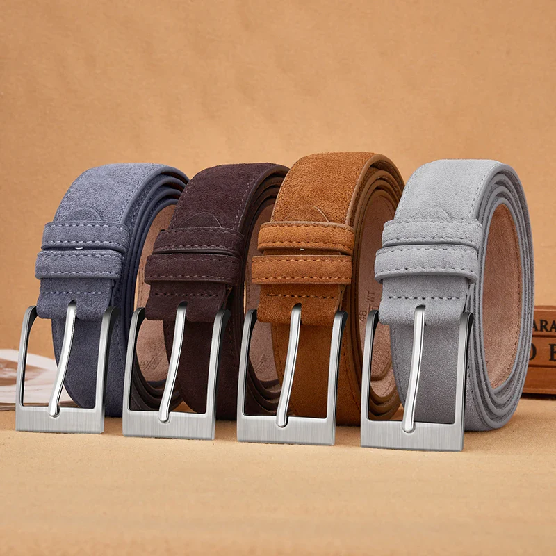Leather Belt Collection in Multiple Colors Stylish genuine leather belts in gray, brown, navy, and light gray for men.
