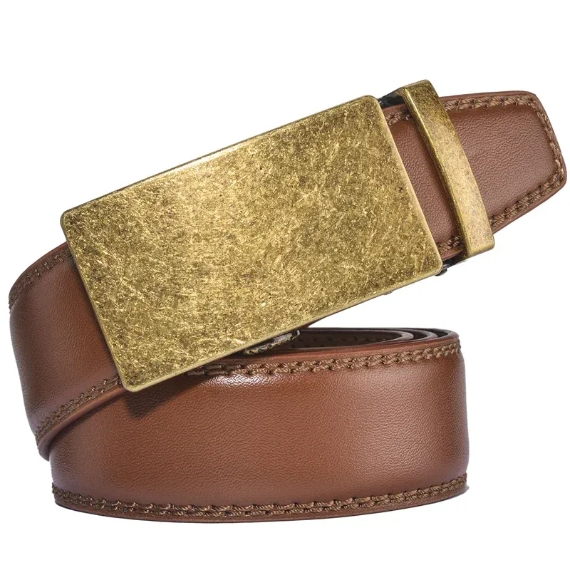Vintage Cowhide Leather Ratchet Belt with Gold Buckle Genuine cowhide leather ratchet belt featuring a gold-tone buckle for a luxurious look. Perfect for.