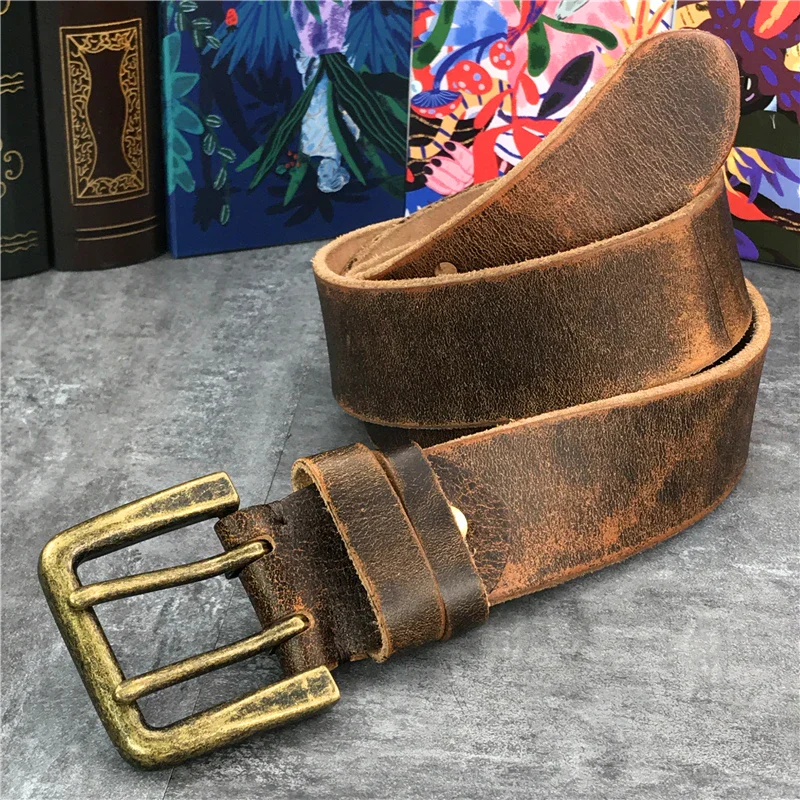 Titan-Wide genuine cowhide belt with double pins and distressed finish Durable leather belt with wide design and double-pin buckle for a bold look.