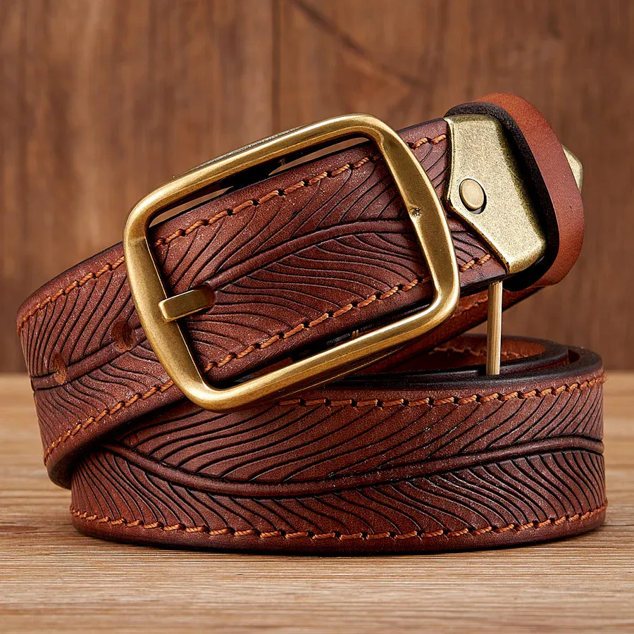 Leather Belt with Brass Buckle – The “Ironclad” 3.8cm Pure Cowhide Leather Belt with Solid Brass Buckle Leather belt with brass buckle, crafted from pure cowhide leather, featuring a detailed embossed pat.