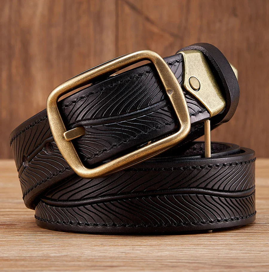 Black Cowhide Leather Belt with Brass Buckle for Men Black cowhide leather belt with solid brass buckle, stylish and durable accessory for everyday wear.
