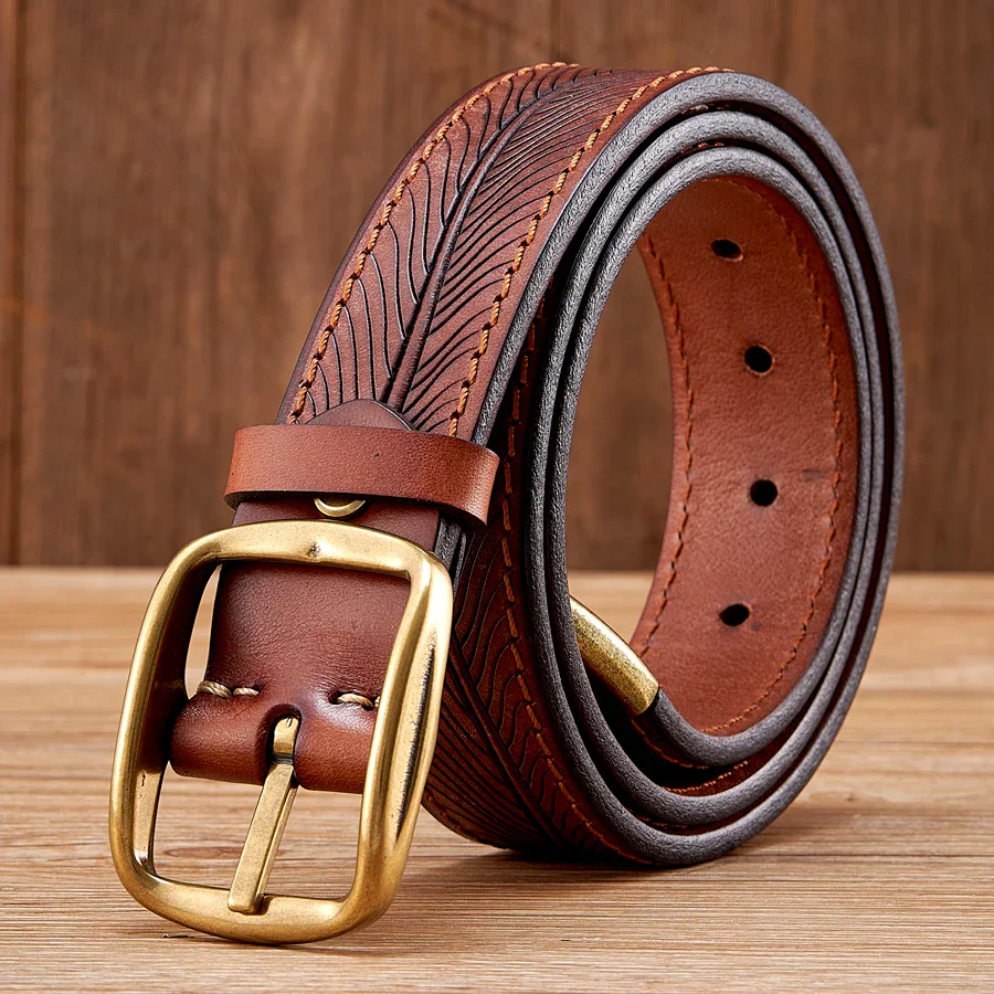 Premium Cowhide Leather Belt with Brass Buckle High-quality cowhide leather belt featuring a solid brass buckle for durability and style.