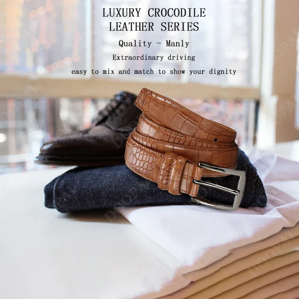 Luxury Crocodile Leather Belt for Men Elegant crocodile pattern leather belt with a sleek silver buckle. Perfect for upscale fashion and f.