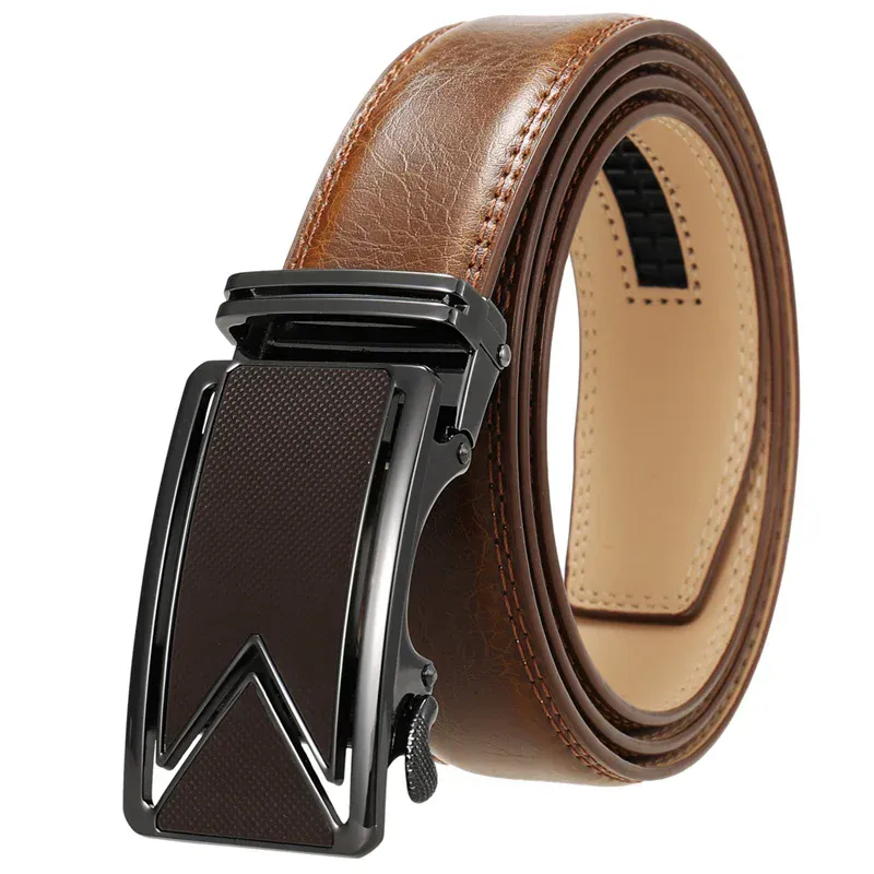 Leather Belt with Ratchet Buckle for Men and Women Stylish 35mm cowhide ratchet belt with black buckle for men and women.