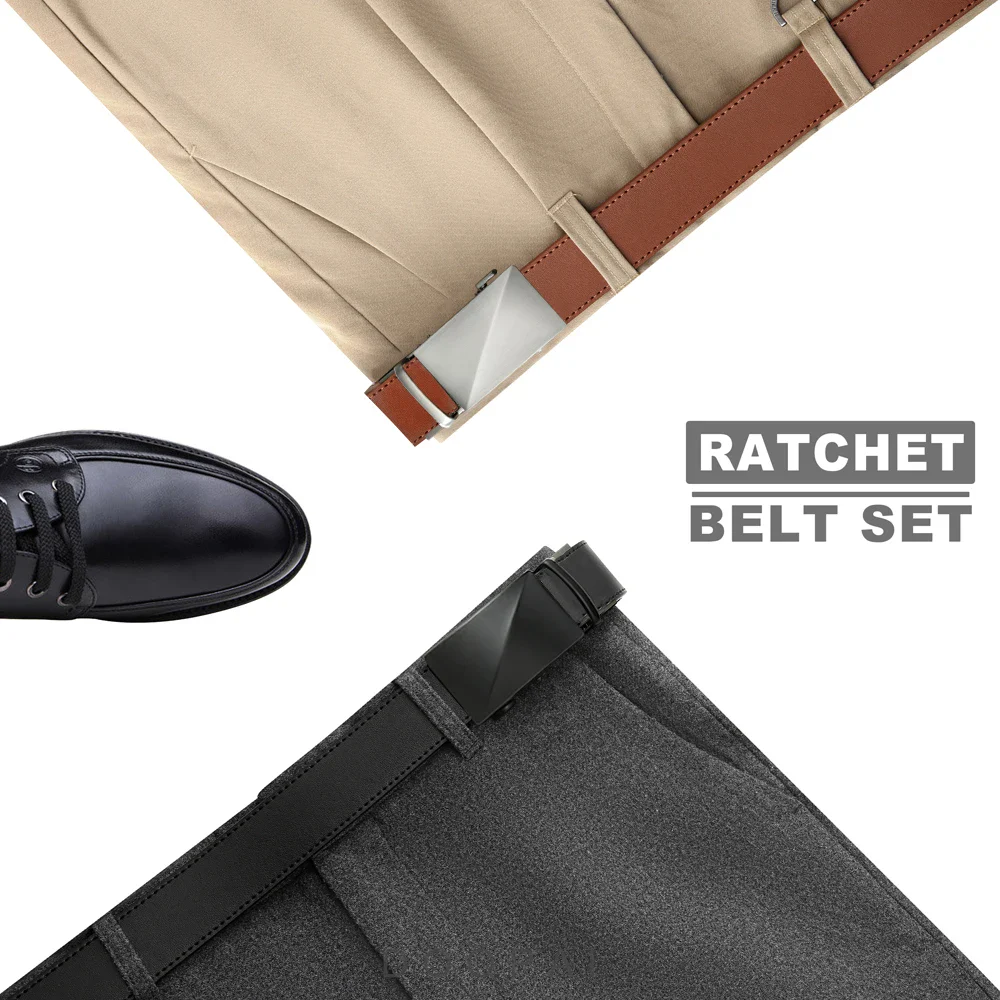 Men’s Slim Leather Ratchet Belt with Automatic Fit Elegant men's leather ratchet belt with automatic buckle for a perfect fit. Stylish accessory for fo.