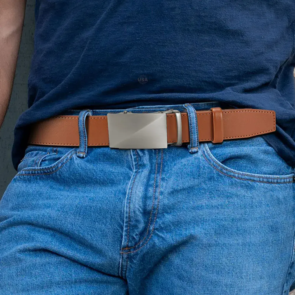 Men’s Leather Ratchet Belt with Automatic Fit Men’s leather ratchet belt with automatic buckle for a precise, adjustable fit. Perfect for a stylis.