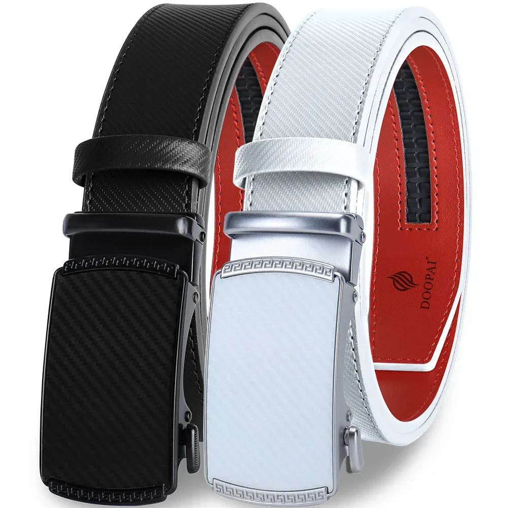PlateLock Ratchet Belt – 35 mm Cowhide Black and white ratchet belts with metal buckle, 35mm wide, made from genuine cowhide leather.
