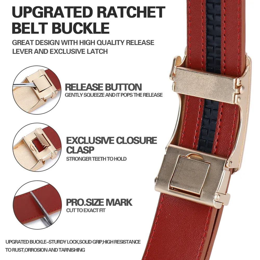 Premium Cowhide Ratchet Belt Ratchet belt with cowhide leather and secure buckle.