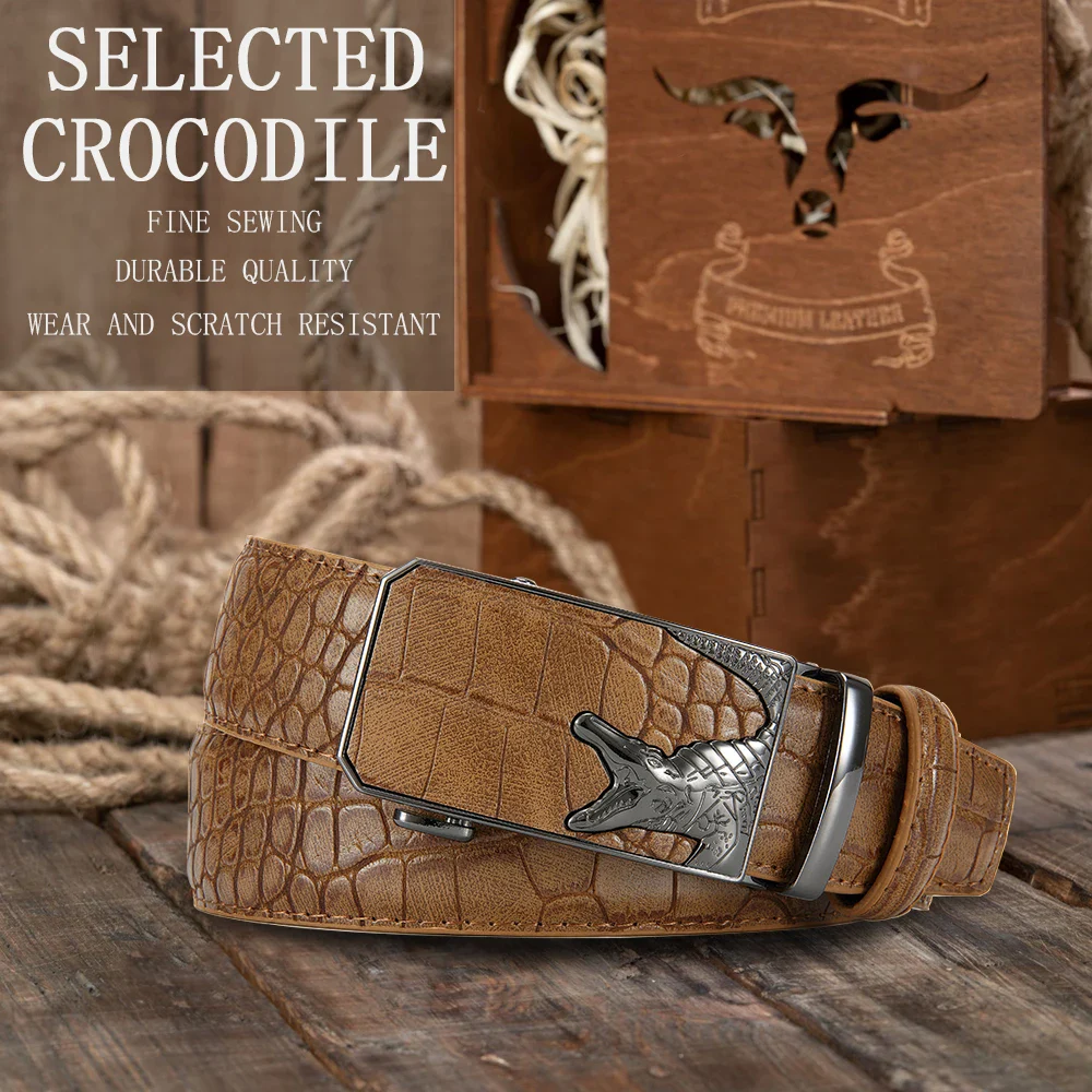 3D Crocodile-Embossed Automatic Ratchet Belt Crocodile-embossed leather automatic ratchet belt with sleek buckle design.
