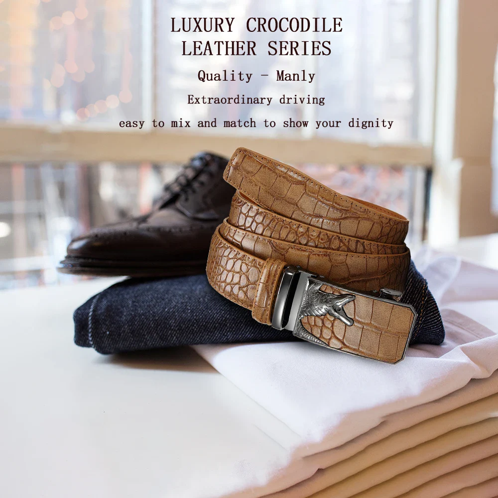 Luxury Crocodile Leather Belt – Automatic Ratchet Buckle Crocodile-embossed leather belt with automatic ratchet buckle for a stylish, secure fit. Perfect for.