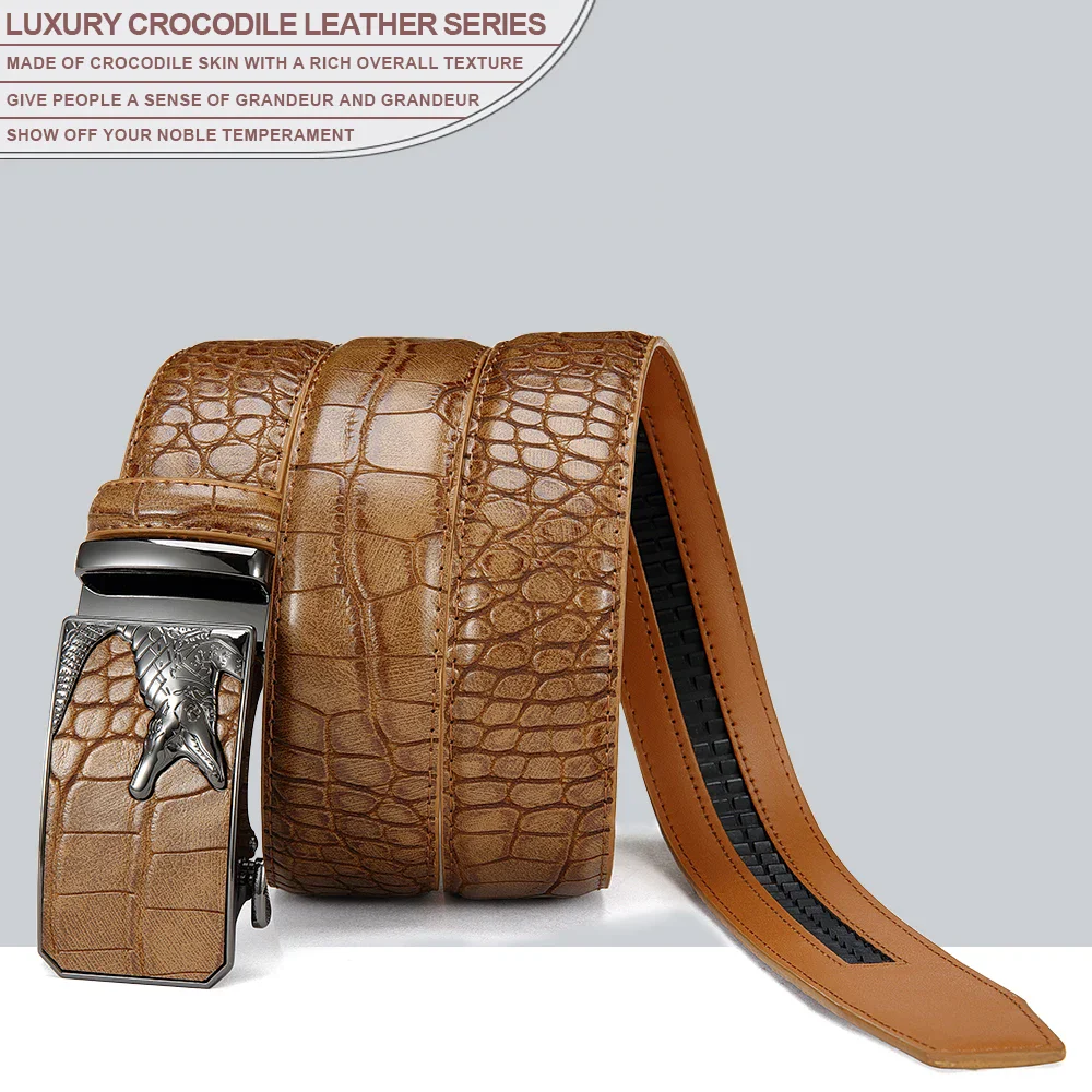 Elegant 3D Crocodile-Embossed Leather Belt High-quality crocodile-embossed leather ratchet belt with 3D texture and automatic buckle.