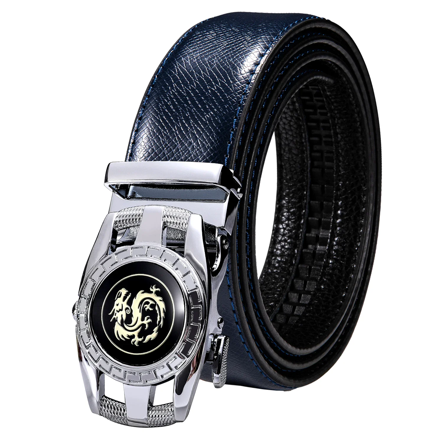 High Quality Brand Mens Belts Blue Cow Leather Automatic Buckles Ratchet Waistband Belt For Men Dress Jeans Suit Trousers Gift