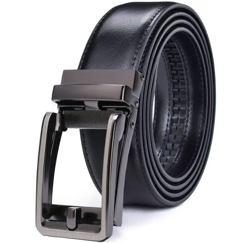 Leather Dress Ratchet Belt with Metal Buckle for Men Black leather ratchet belt with metal buckle, adjustable for waist sizes 26-56 inches.