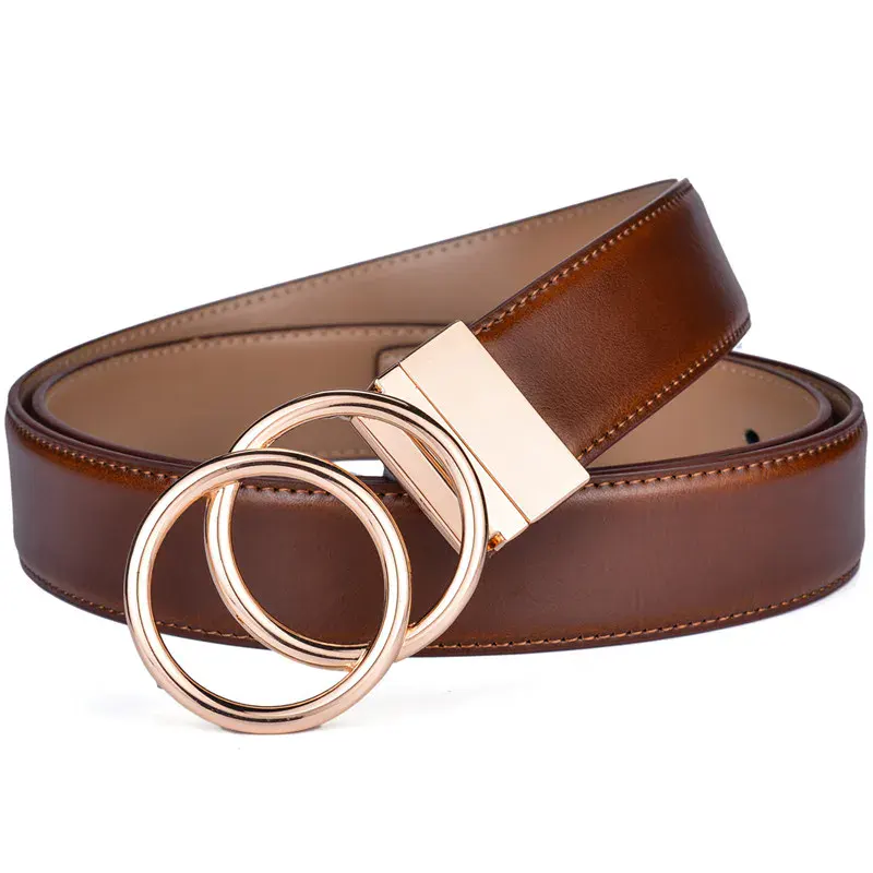 Women Leather Reversible Belt with Double O Rings and Rotate Buckle Elegant reversible leather belt with double O rings and rotating buckle for versatile styling.