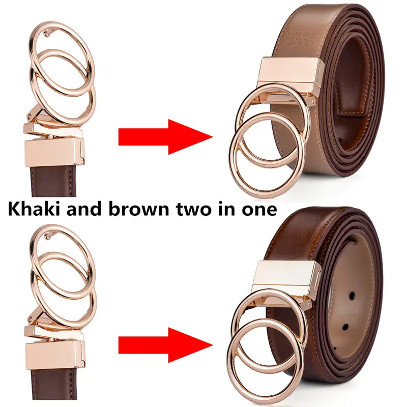 Women Reversible Leather Belt with Double O Rings Elegant reversible leather belt with double O ring buckle, suitable for jeans and dresses. Two-tone.