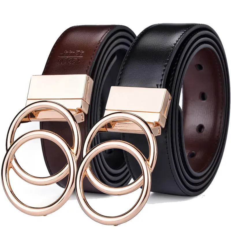 Leather Reversible Belt with Double O Ring Buckle for Women Reversible women's leather belt with double O ring buckle, suitable for jeans and dresses. Stylish a.