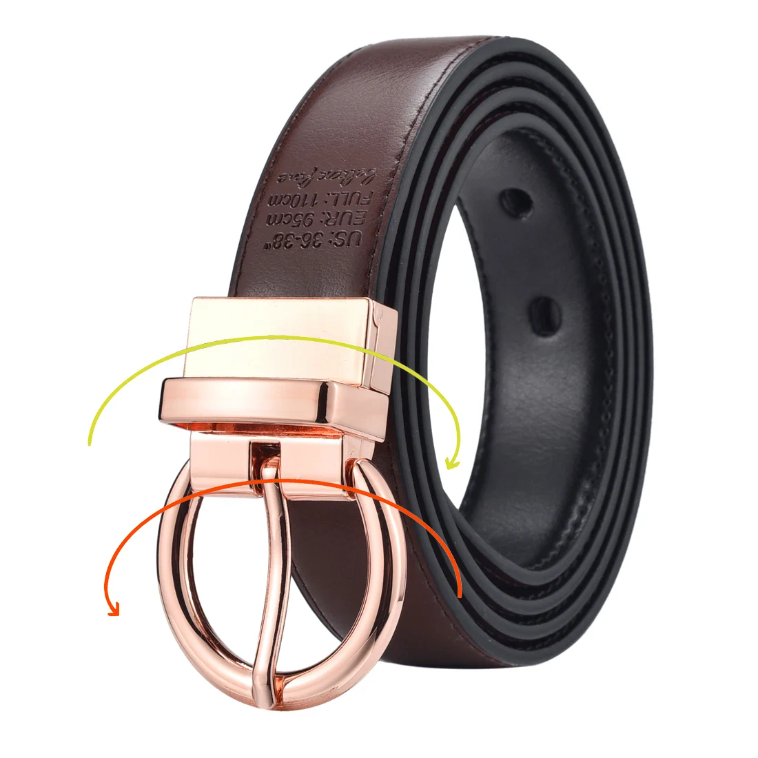 Women’s Reversible Leather Belt with Rotating Buckle Reversible leather belt with rotating buckle for versatile style. Perfect for casual or formal wear,.