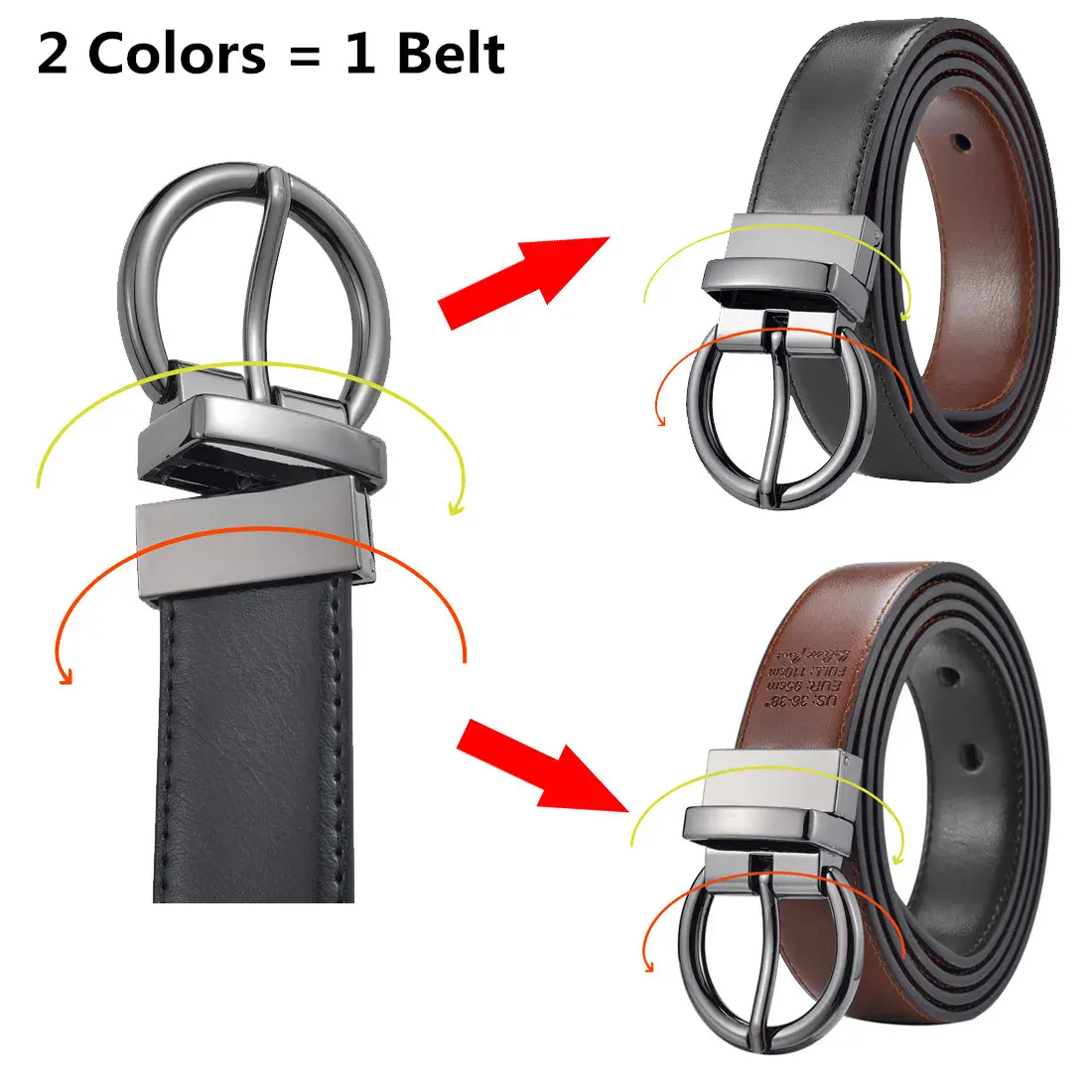 Women’s Reversible Leather Belt with Rotating Buckle Reversible leather belt with rotating buckle, available in two colors for versatile styling. Perfect.
