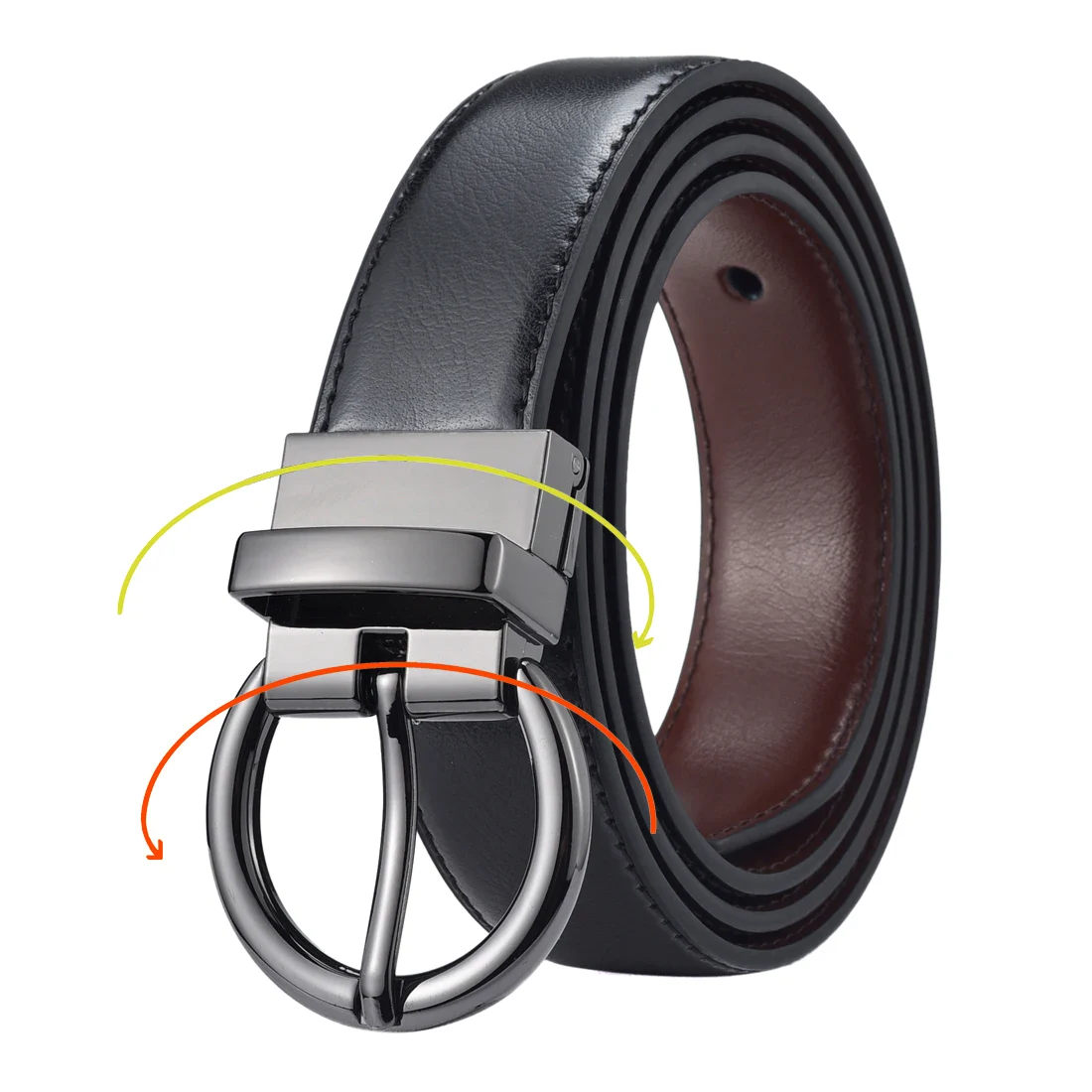 Leather Reversible Belt with Rotating Buckle for Women Reversible leather belt with rotating buckle, stylish accessory for women’s outfits. Perfect for ver.