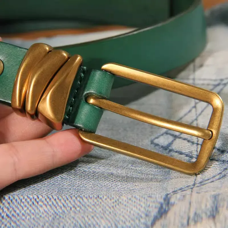 Luxury Heritage Handmade Slim Belt Elegant green leather belt with gold-tone buckle, handcrafted for a sophisticated look.
