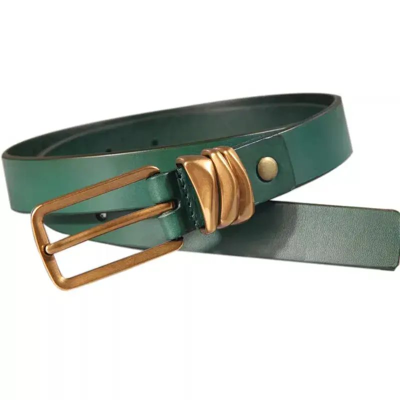Leather Slim Belt with Gold Buckle for Men and Women Elegant green leather slim belt with a gold buckle, perfect for stylish outfits.