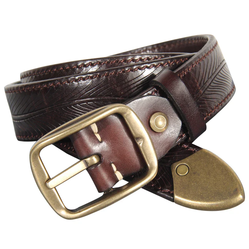 Leather Belt with Embossed Heritage Design for Men and Women Embossed leather belt featuring double-sided heritage pattern, durable brass buckle, and stylish fin.