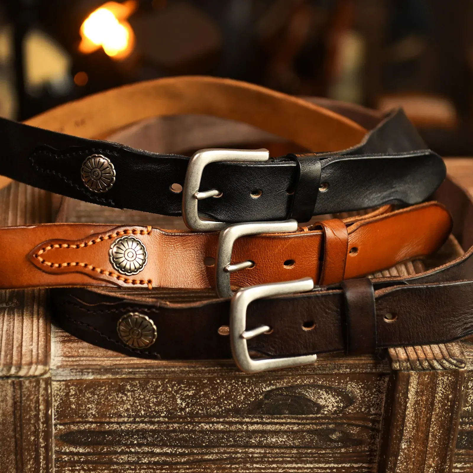 Vintage Steel & Leather Belt Collection Durable full-grain leather belts with steel buckles, perfect for a rugged, stylish look.