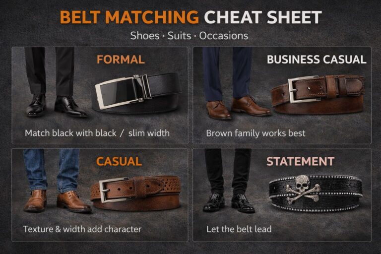 Guide to matching belts with shoes, suits, and occasions for a polished look.