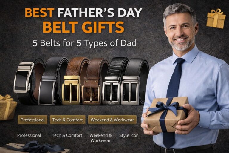 Men's leather belt with a classic buckle, ideal for Father's Day gift and everyday style.