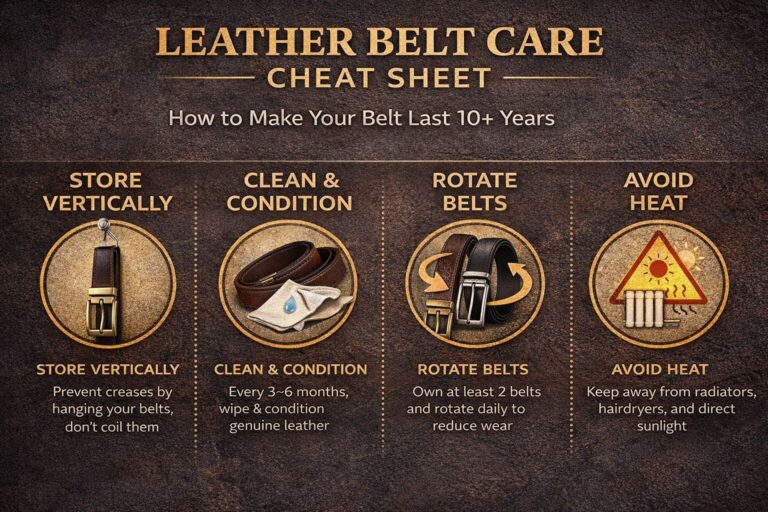 Leather belt care tips for longevity, including storage, cleaning, rotating, and heat avoidance.