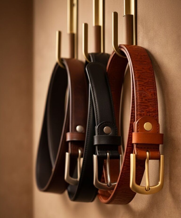 Leather belts hanging on gold hooks, showcasing different styles and colors.