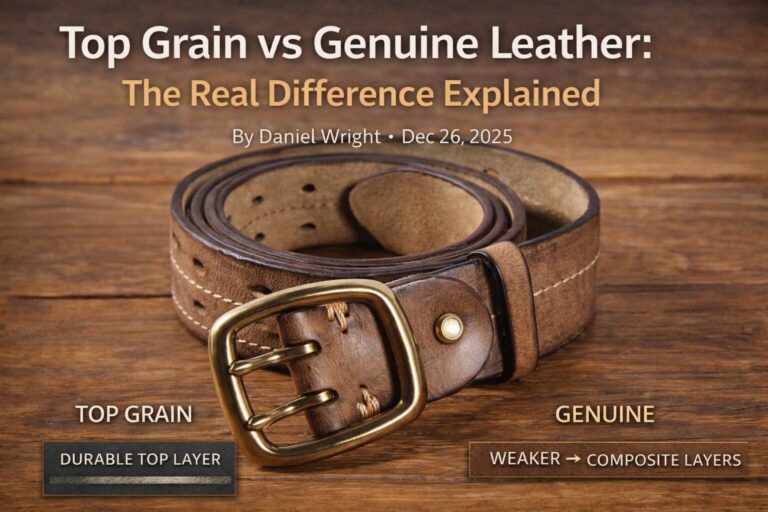 Comparison of top grain and genuine leather with a leather belt image.