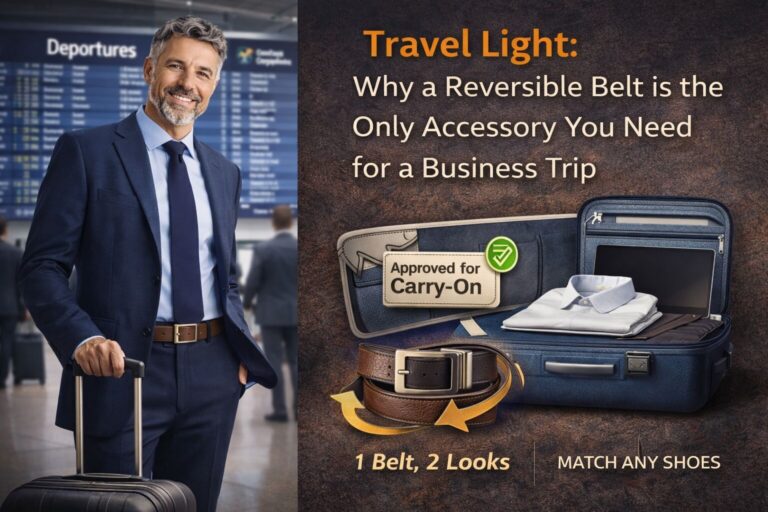 Business traveler with reversible belt at airport, showcasing versatile accessory.