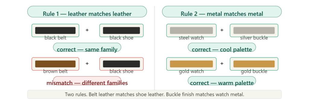 Two belt matching rules: leather-to-leather showing correct black belt with black shoe versus mismatch, and metal-to-metal showing silver and gold consistency