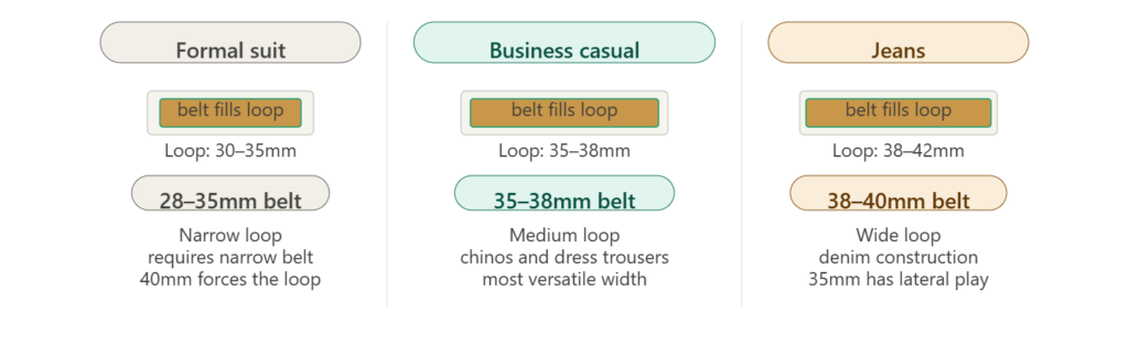 Three-column belt width guide showing 28–35mm for formal suit loops, 35–38mm for business casual, 38–40mm for jeans with loop fit visualised