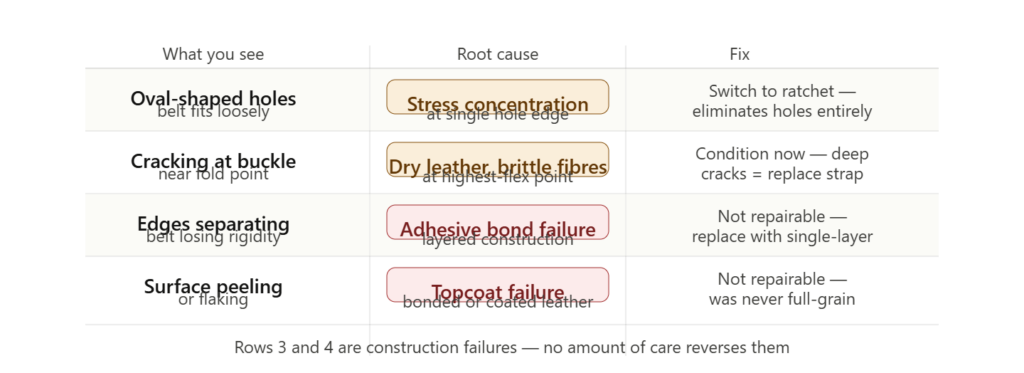 Belt failure diagnostic table mapping four symptoms to root cause and fix, distinguishing repairable from non-repairable failures