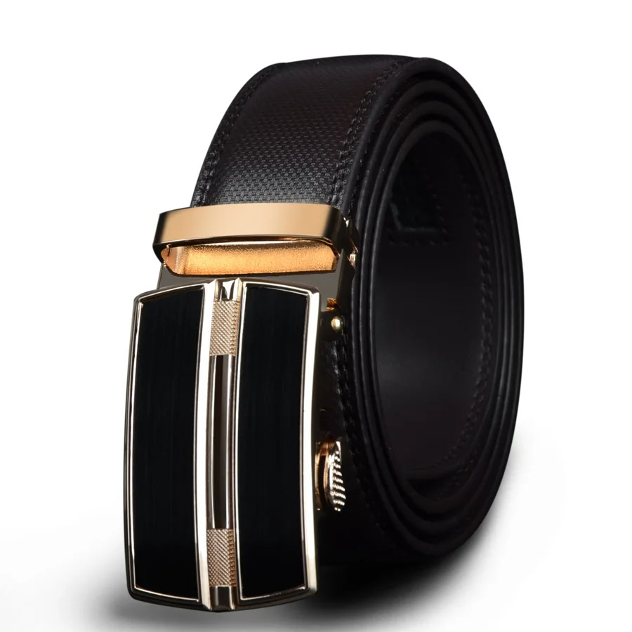 Gold-Accented Leather Ratchet Belt Elegant leather ratchet belt with gold accents for a sophisticated look. Perfect for formal and casu.
