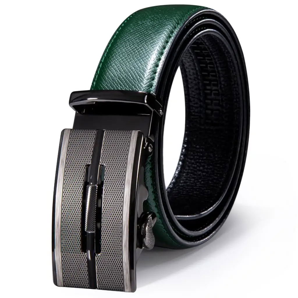 Green Leather Automatic Ratchet Belt Automatic ratchet belt with green leather strap and sleek metal buckle.