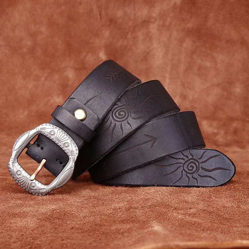 Vintage Washed Heritage Leather Belt for Men and Women Leather belt with sun and arrow embossed design, vintage washed finish, full grain leather, adjustab.