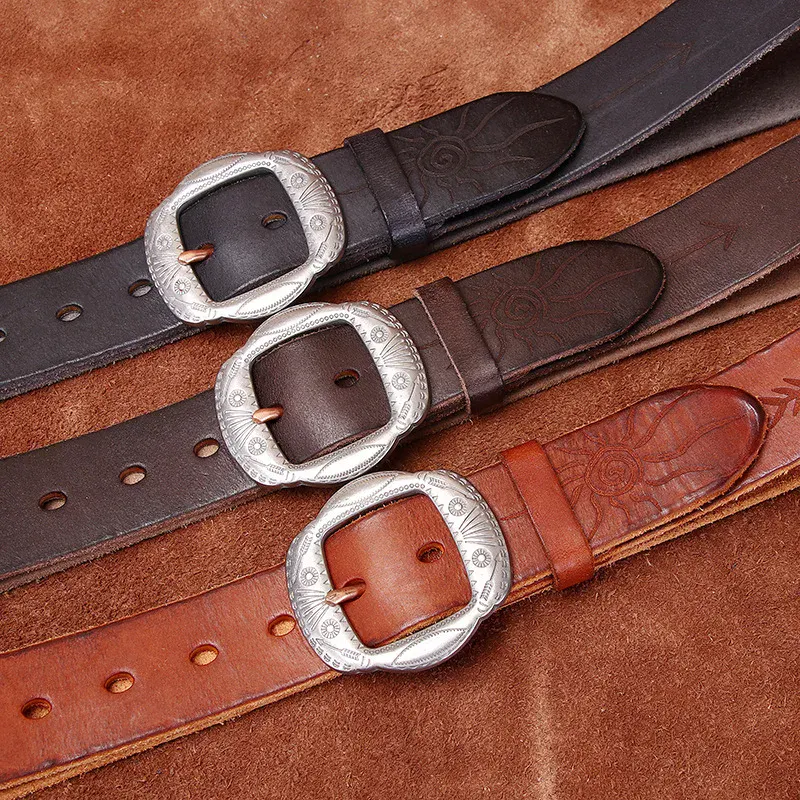 Vintage Leather Belts with Ornate Buckles for Men Belts featuring full grain leather and decorative silver buckles, perfect for a classic, rugged styl.