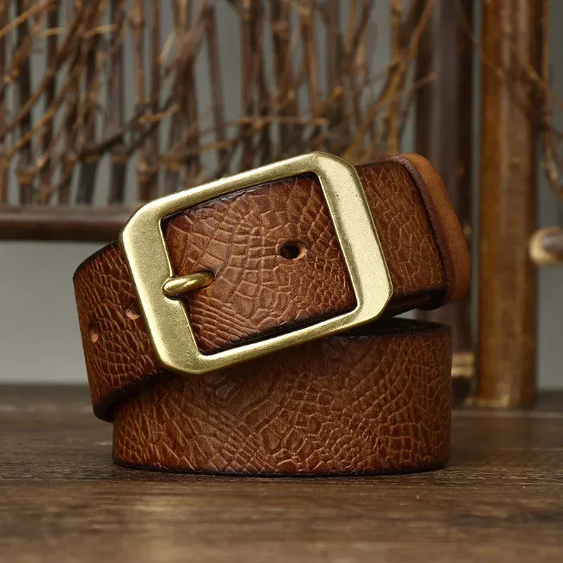 Heritage 38 Caiman Crocodile Leather Belt Caiman crocodile-embossed leather belt with solid brass buckle, luxury men's accessory.