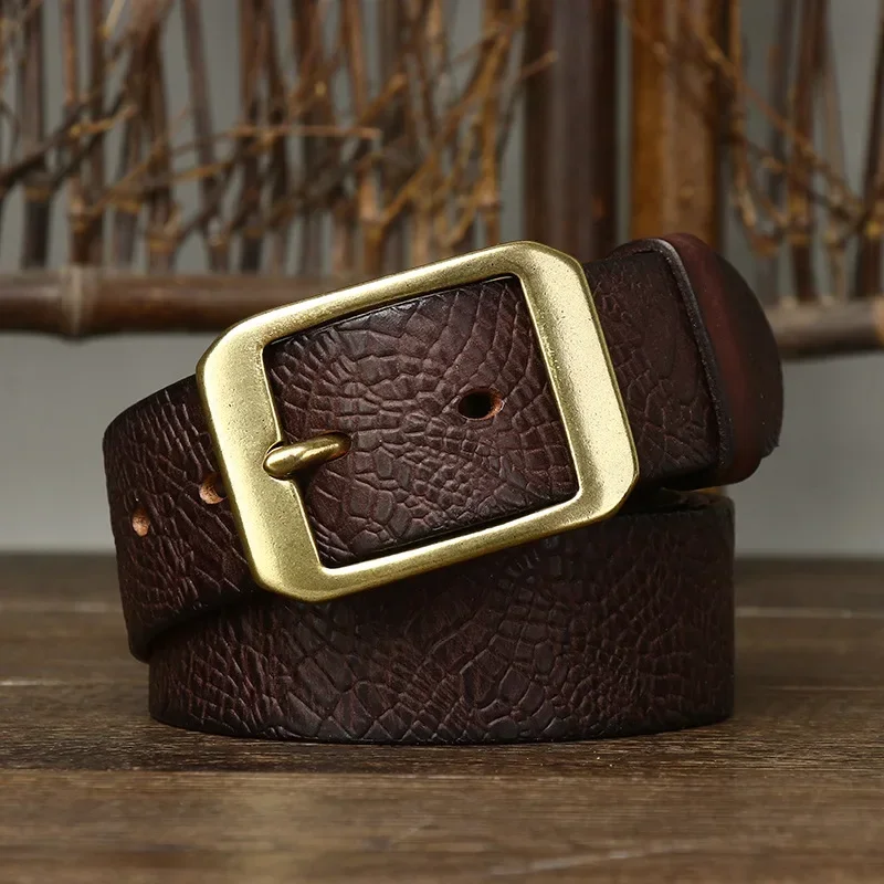 Heritage 38 Caiman Crocodile Leather Belt Caiman crocodile-embossed leather belt with solid brass buckle, stylish and durable accessory.