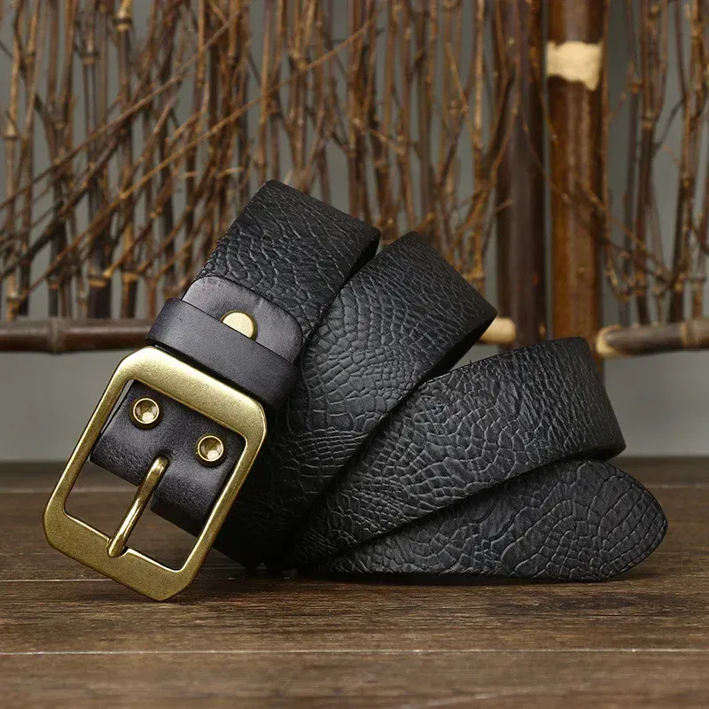 Heritage 38 Caiman Crocodile Leather Belt Caiman crocodile-embossed leather belt with solid brass buckle, luxury men's accessory.