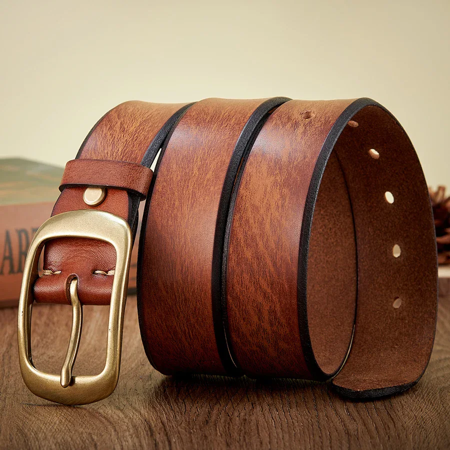 Leather Belt with Brass Buckle for Men Men's full-grain leather belt with antique brass buckle, stylish and durable accessory for everyday.