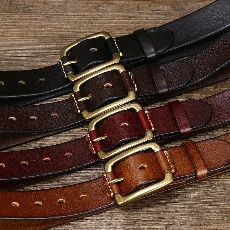 Leather Belts with Brass Buckles – Heritage 38 Collection Heritage 38 full-grain leather belts featuring solid brass buckles in black, dark brown, red, and ta.