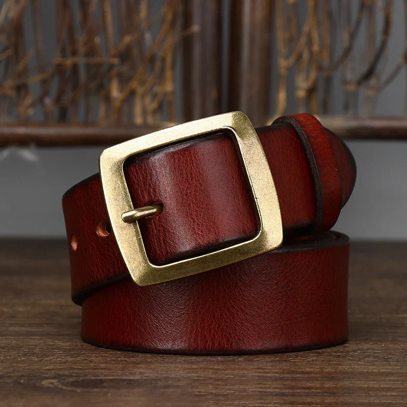 Elegant full-grain leather belt with solid brass buckle, 3.8cm width, perfect for casual and formal.
